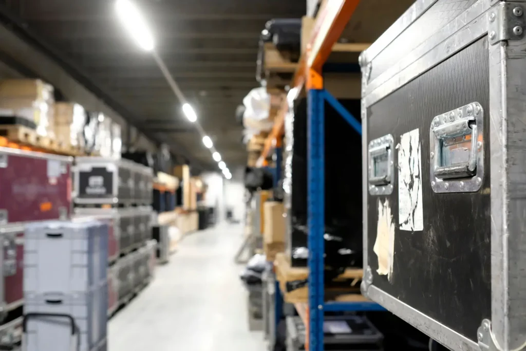 Event rental warehouse with organized road cases and equipment storage supporting pull sheets, warehouse prep, AV inventory management, and event production logistics.