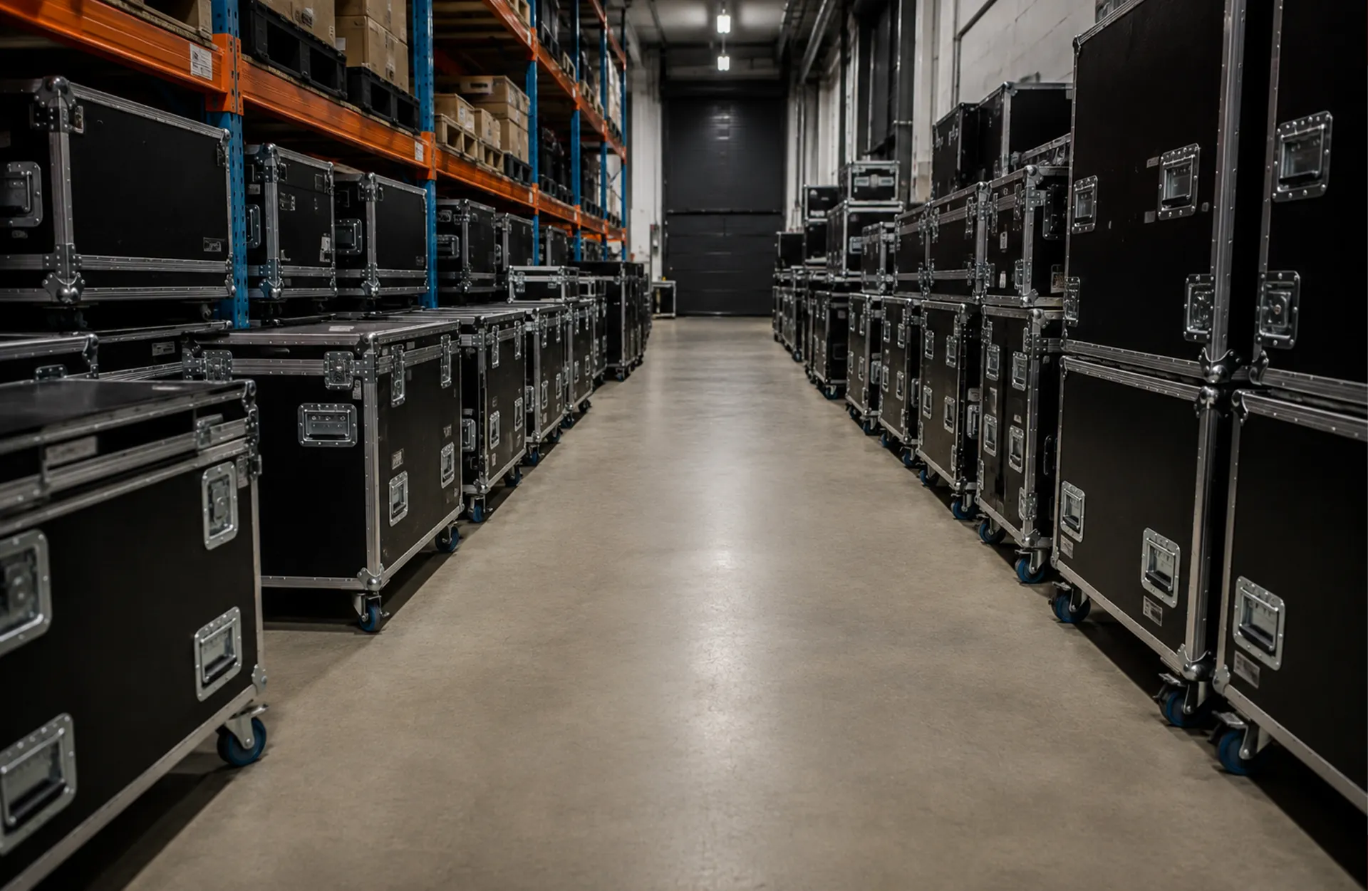 Warehouse aisle lined with flight cases and road cases, the kind of equipment inventory event rental software helps companies track and manage